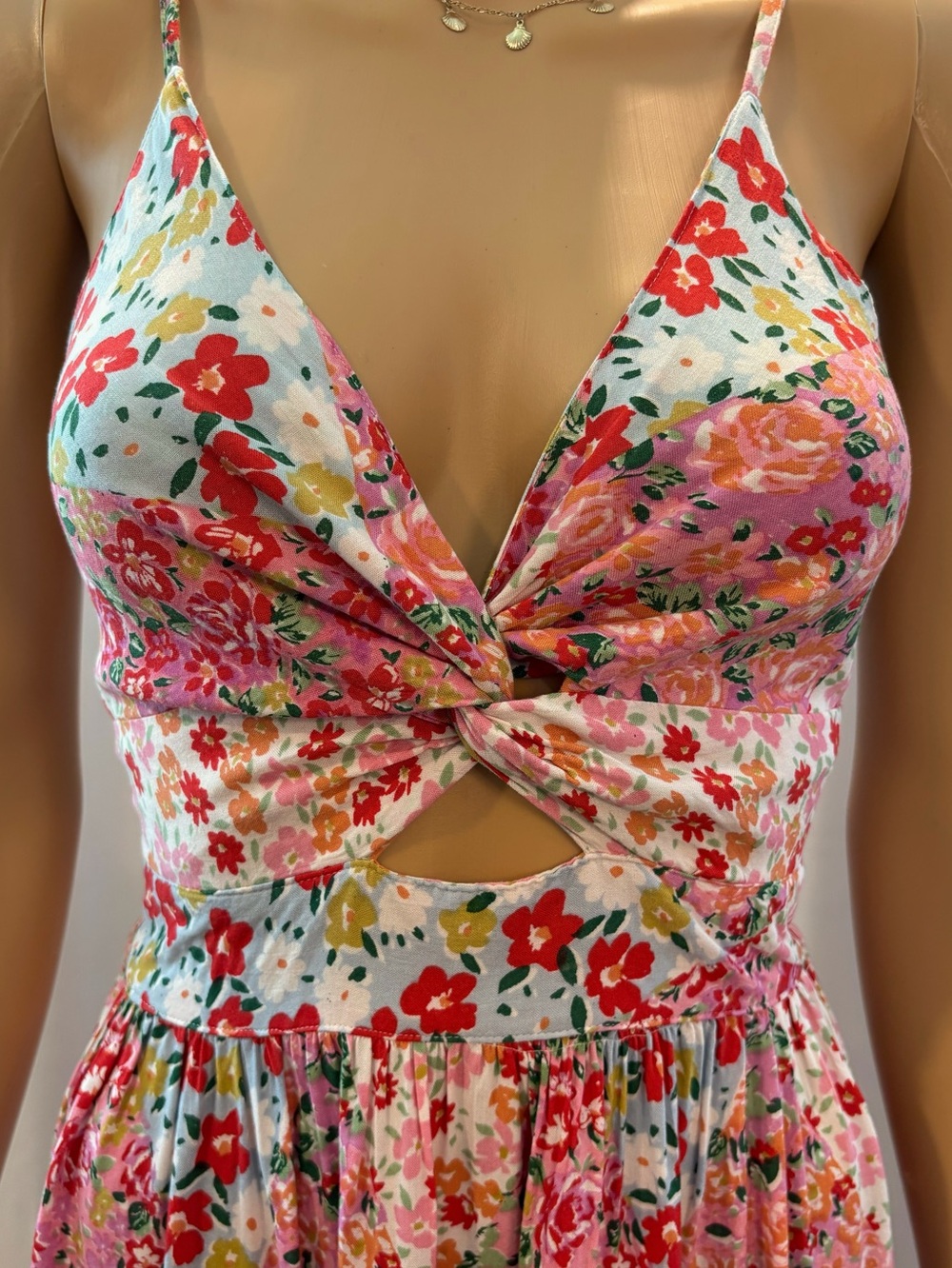 Angie Mixed Floral Patchwork Cutout Tiered Maxi Sundress Pink & Blue Size Small - Picture 3 of 4